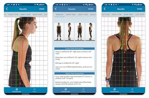 Informe de evaluación postural con las desviaciones marcadas sobre las fotos de frente, de perfil y de espalda